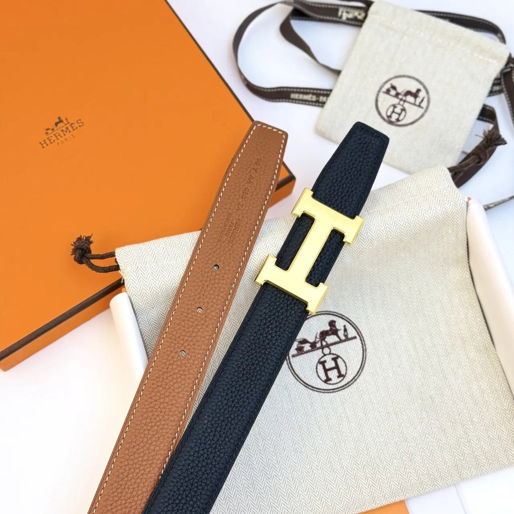 gold buckle Hermes Black Leather Belt - Hình 4