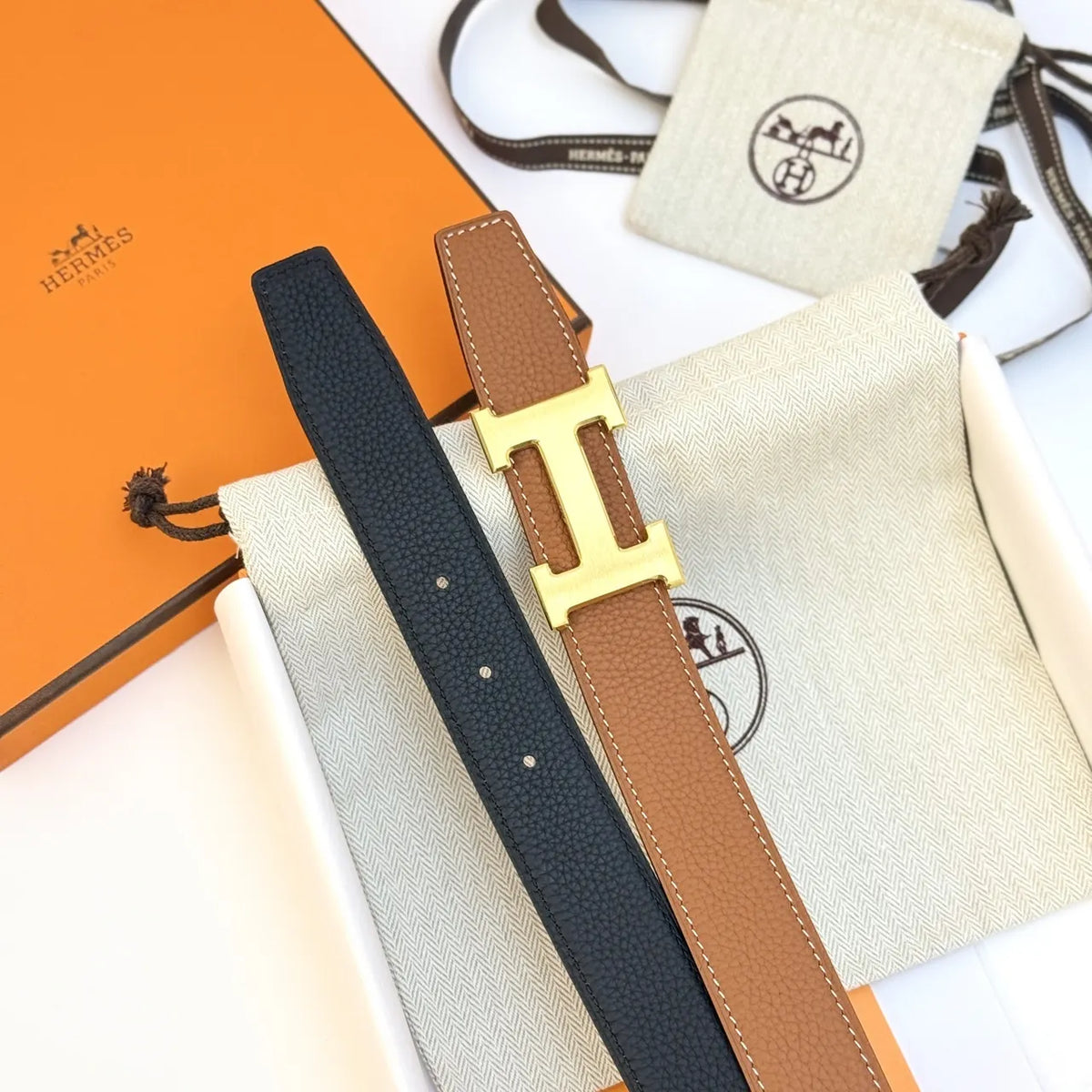 gold buckle Hermes Black Leather Belt - Hình 5