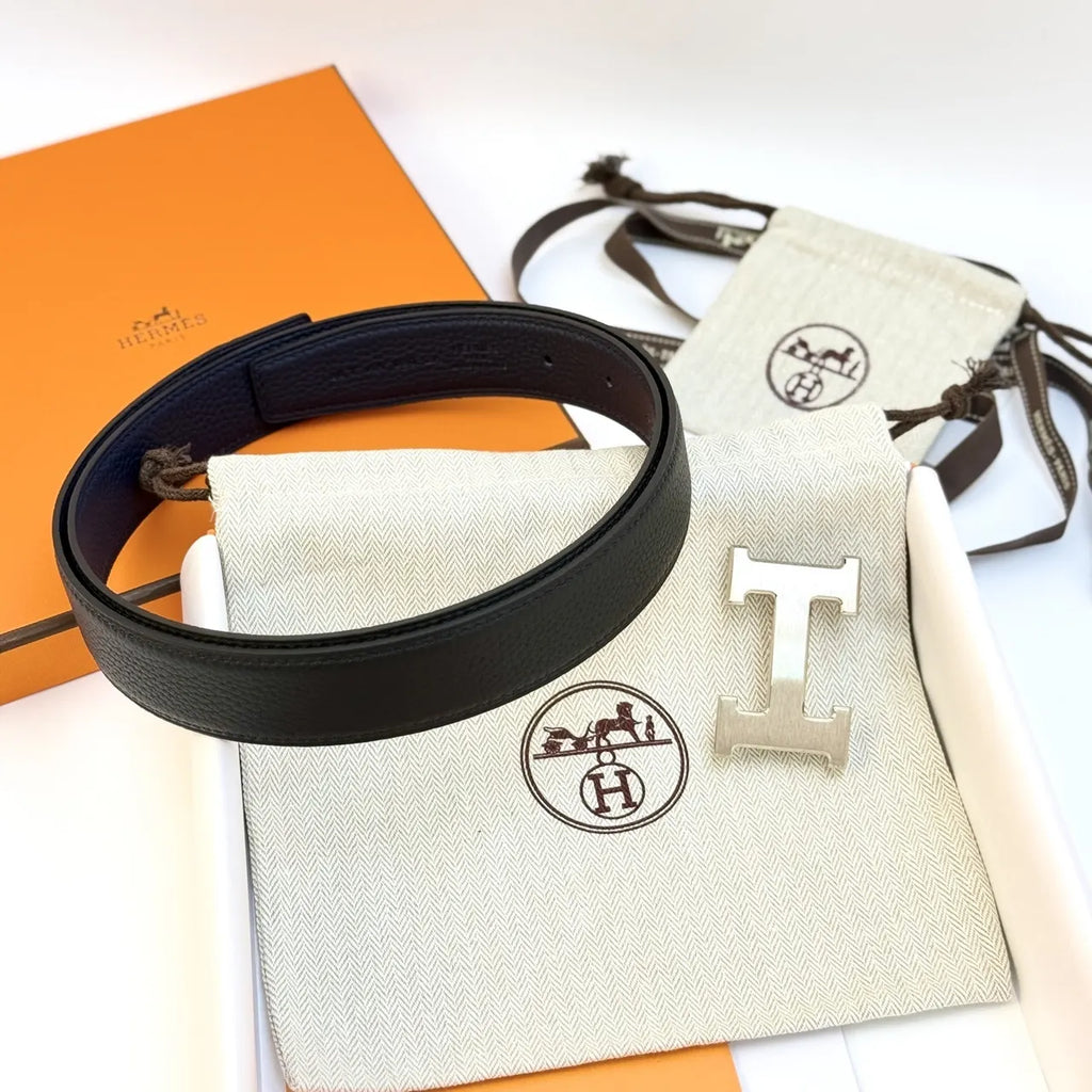 silver buckle Hermes Black Leather Belt