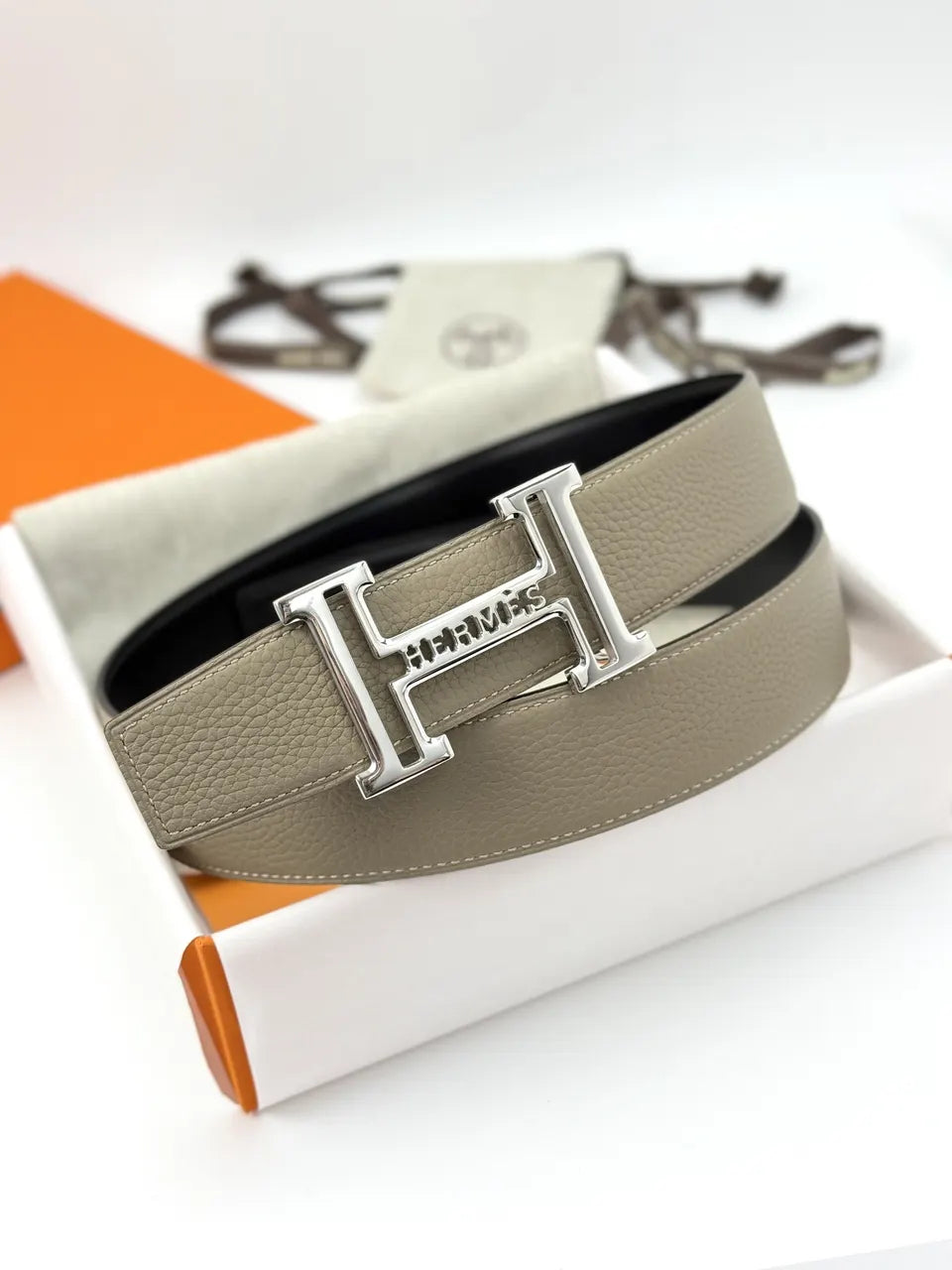 silver Hermes Grey Leather Belt - Hình 3