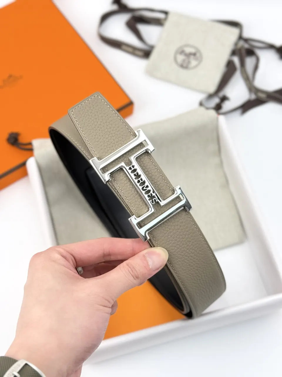 silver Hermes Grey Leather Belt - Hình 4