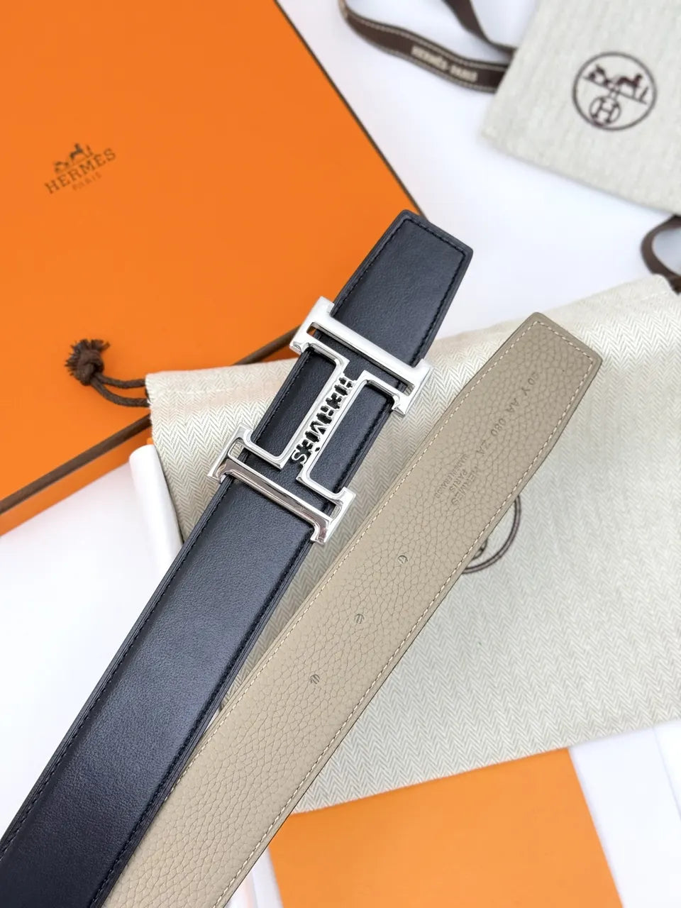 silver Hermes Grey Leather Belt - Hình 6
