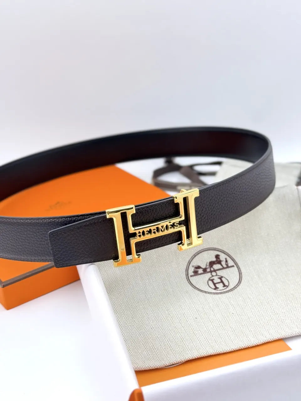 Hermes Brown Leather Gold Belt - Hình 2