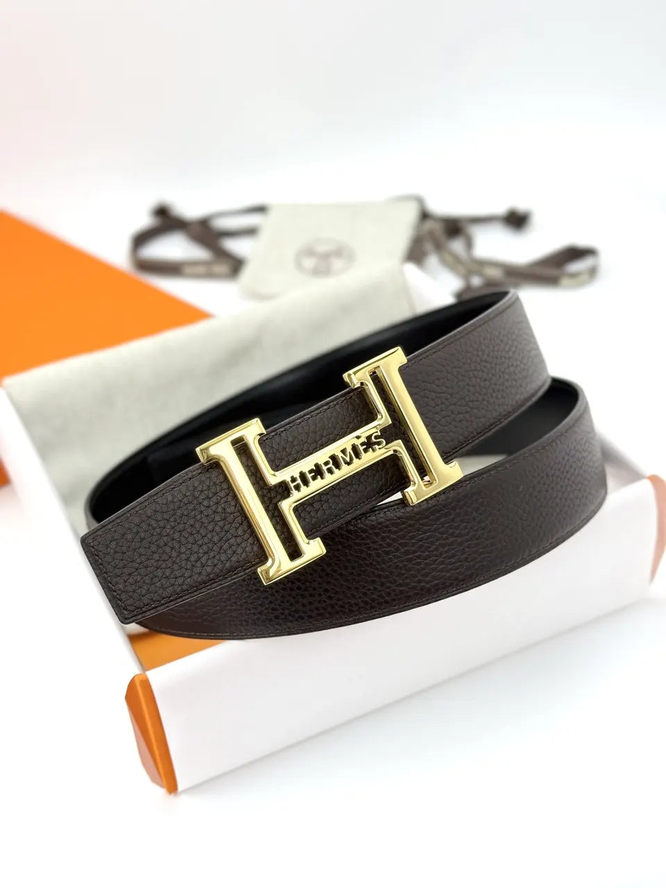 Hermes Brown Leather Gold Belt - Hình 3