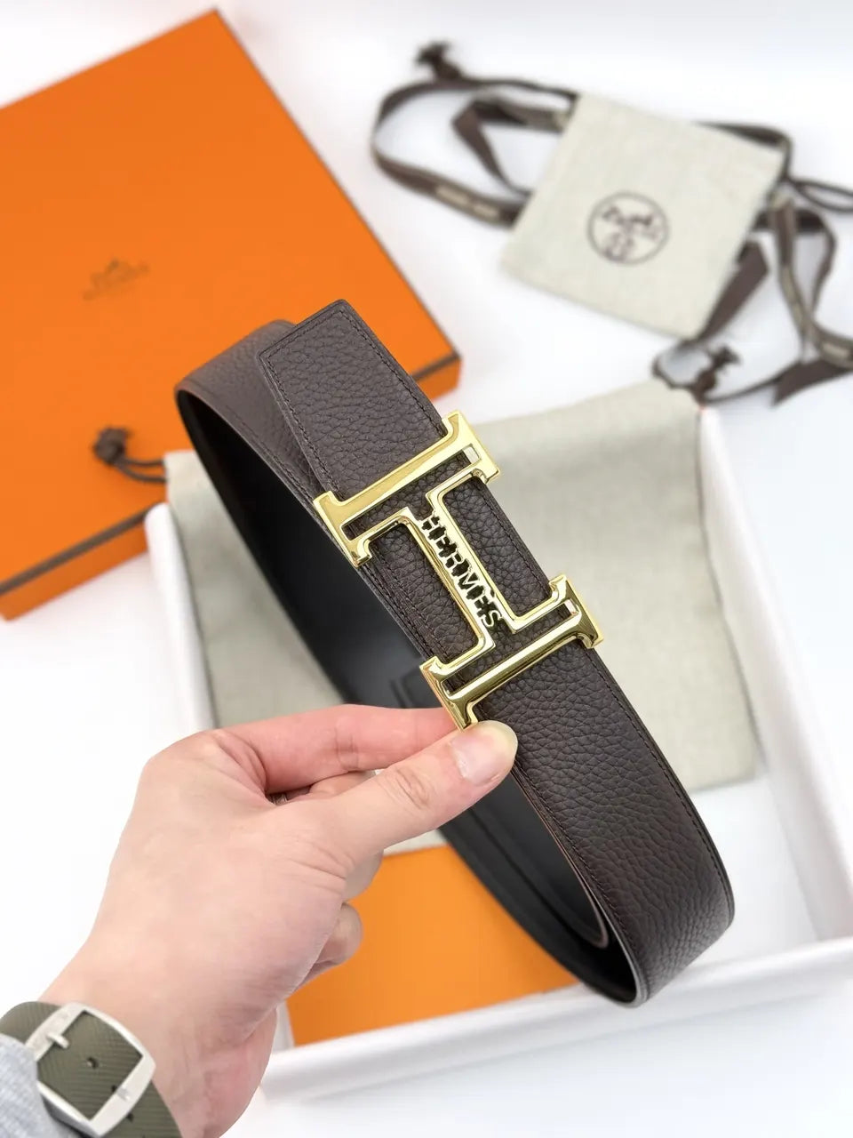 Hermes Brown Leather Gold Belt - Hình 4