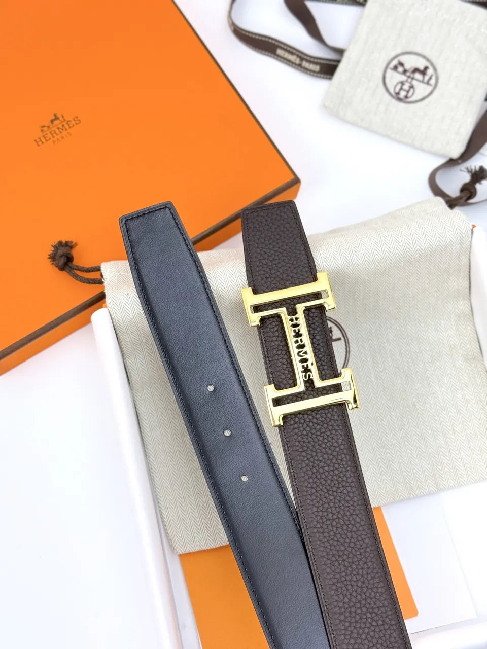 Hermes Brown Leather Gold Belt - Hình 5