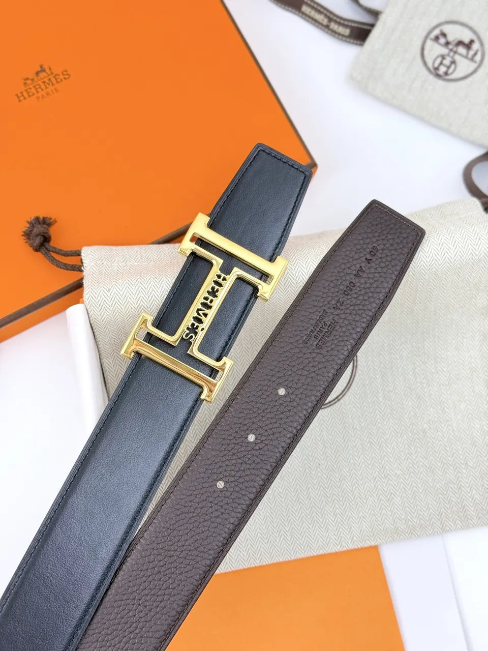 Hermes Brown Leather Gold Belt - Hình 6