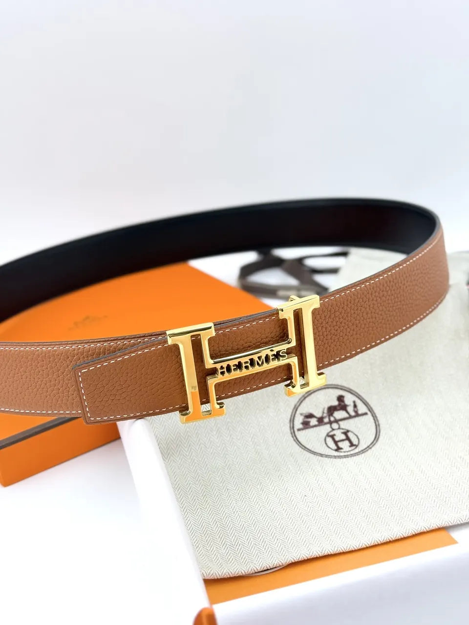 Hermes Gold Buckle Tan Leather Belt - Hình 2