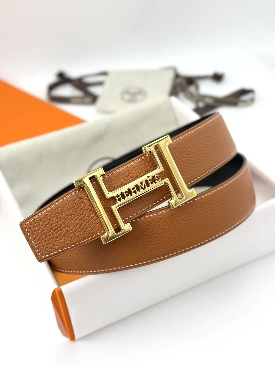 Hermes Gold Buckle Tan Leather Belt - Hình 3