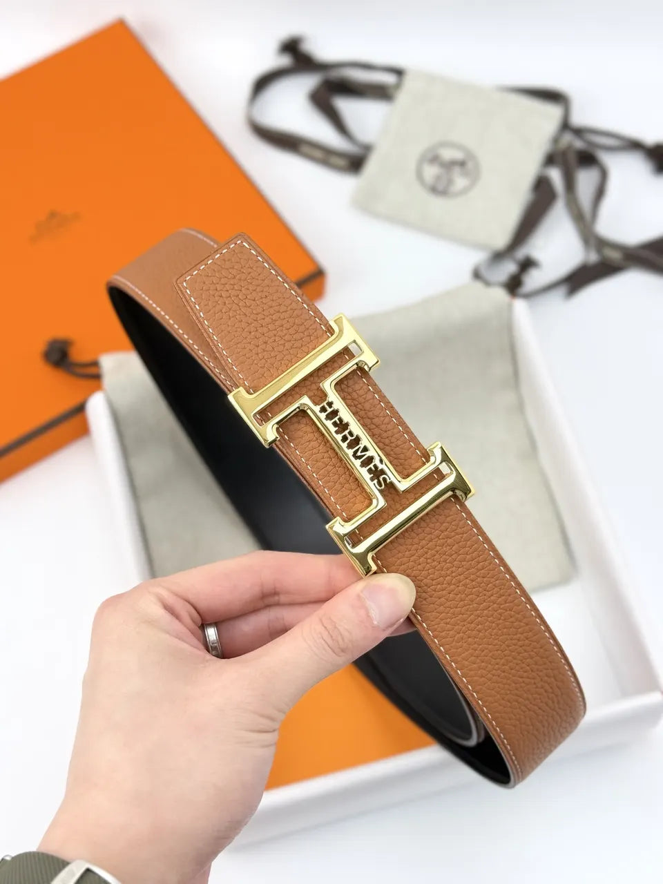 Hermes Gold Buckle Tan Leather Belt - Hình 4