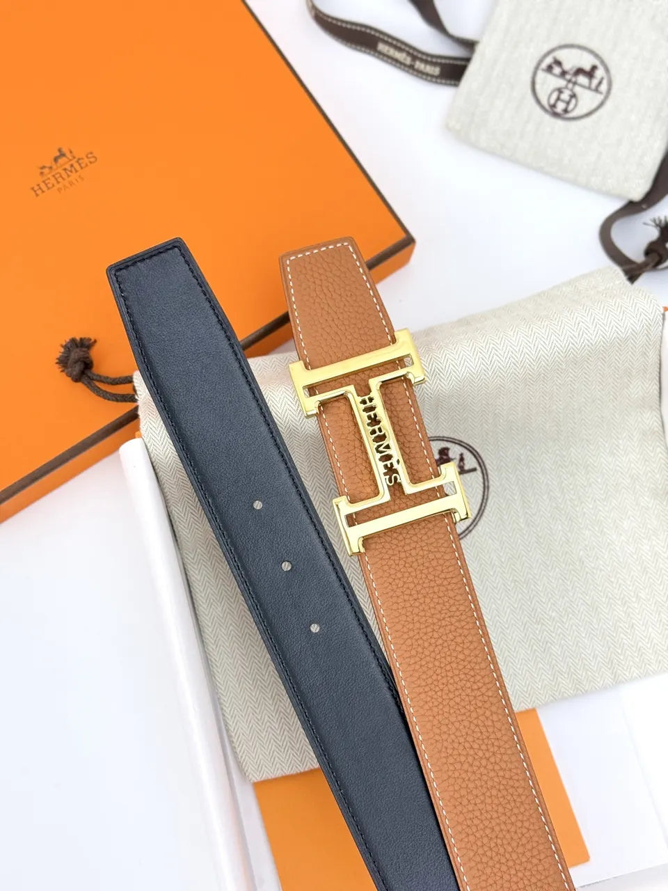 Hermes Gold Buckle Tan Leather Belt - Hình 5