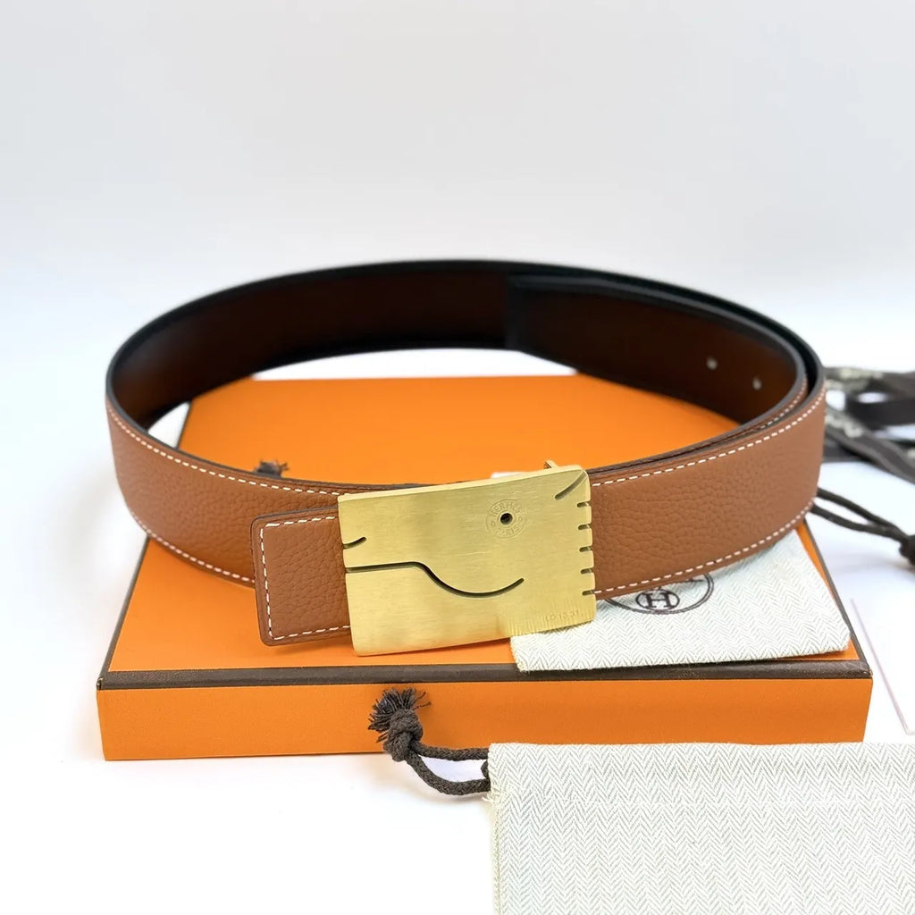 gold whimsical Hermes Black Leather Belt - Hình 2