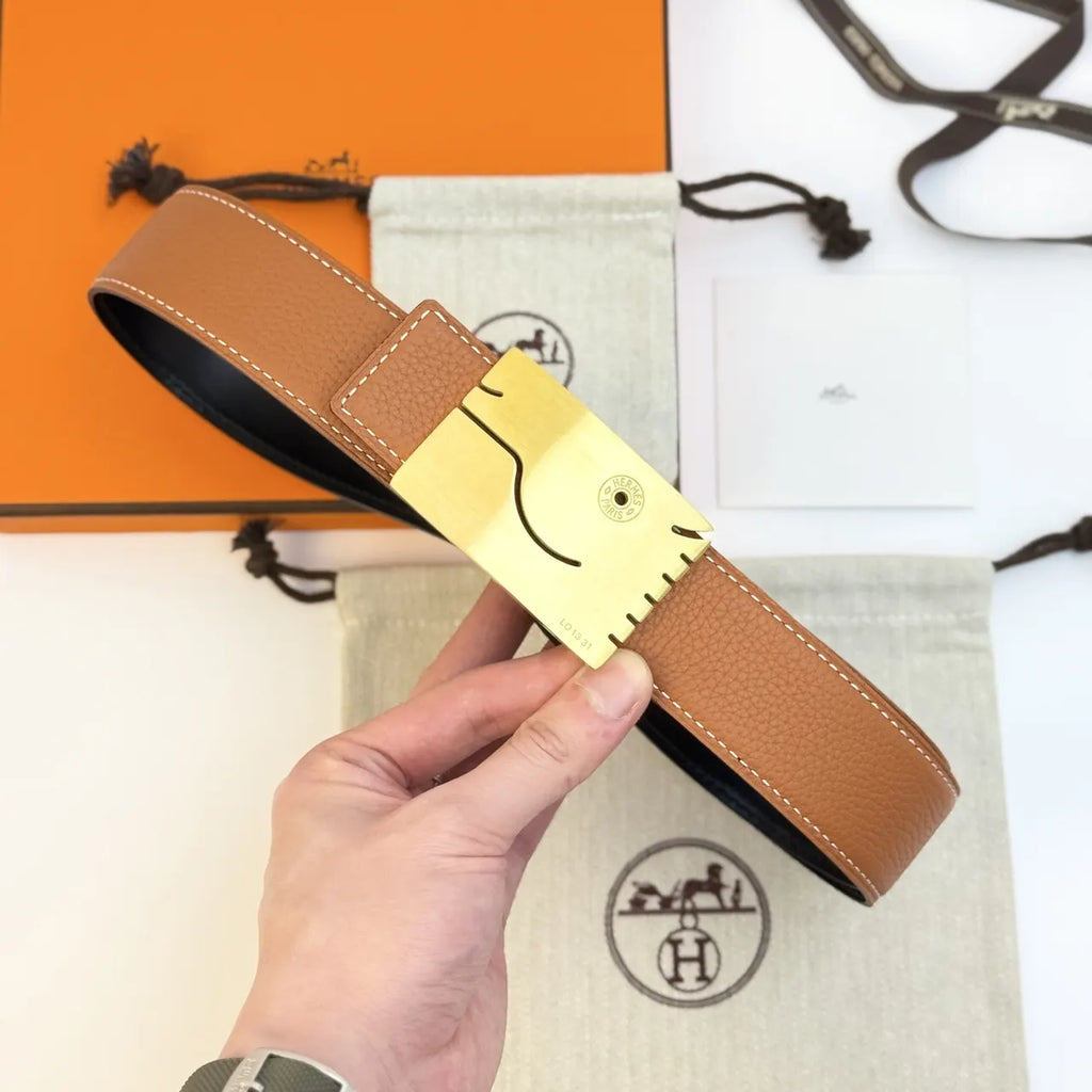 gold whimsical Hermes Black Leather Belt - Hình 3