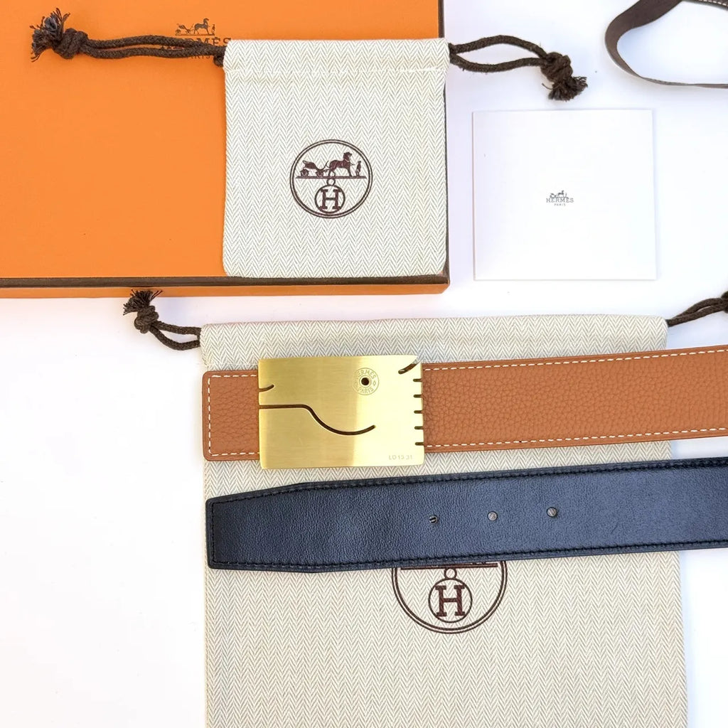 gold whimsical Hermes Black Leather Belt - Hình 4