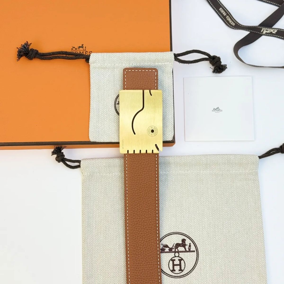 gold whimsical Hermes Black Leather Belt - Hình 5