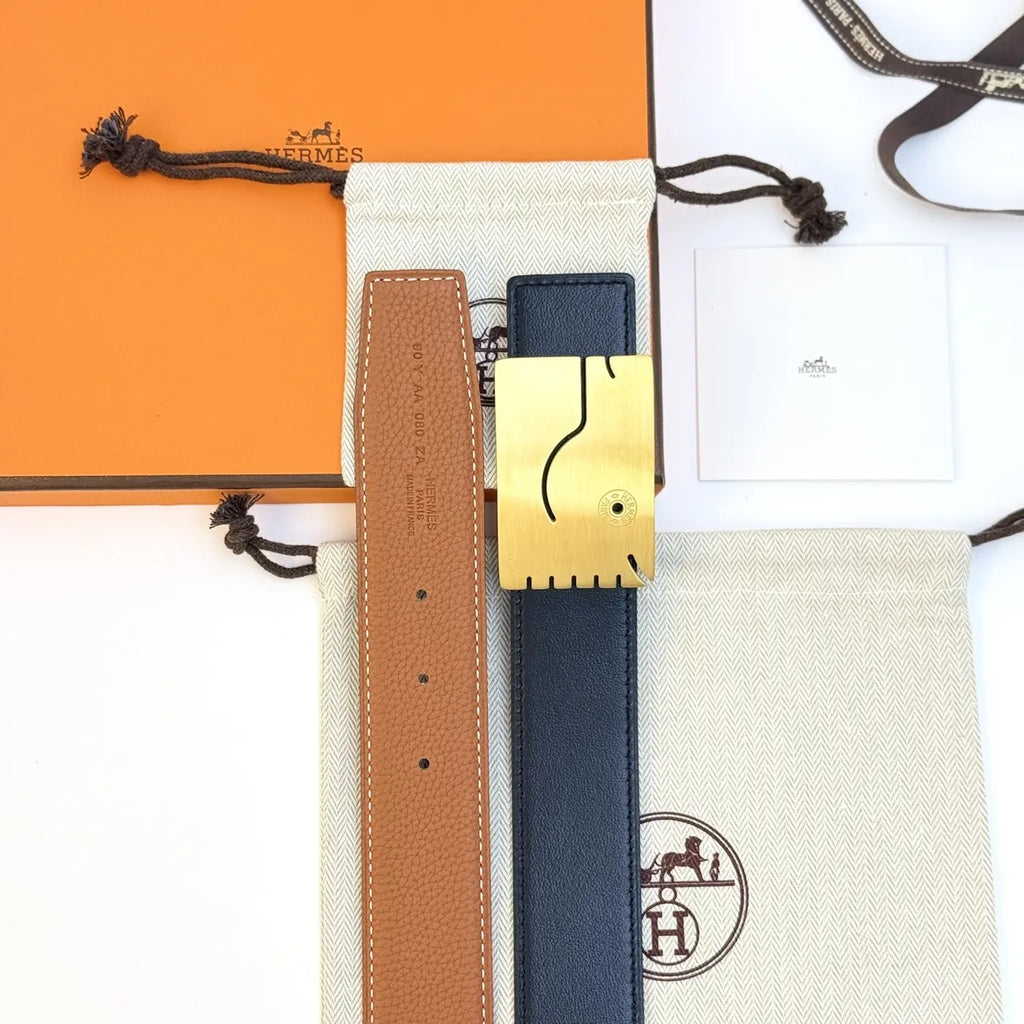 gold whimsical Hermes Black Leather Belt - Hình 6