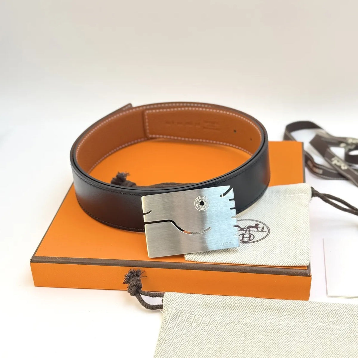 silver buckle Hermes Black Leather Belt