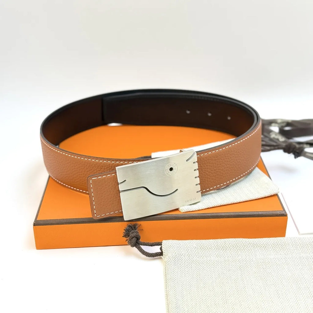 silver buckle Hermes Black Leather Belt - Hình 2