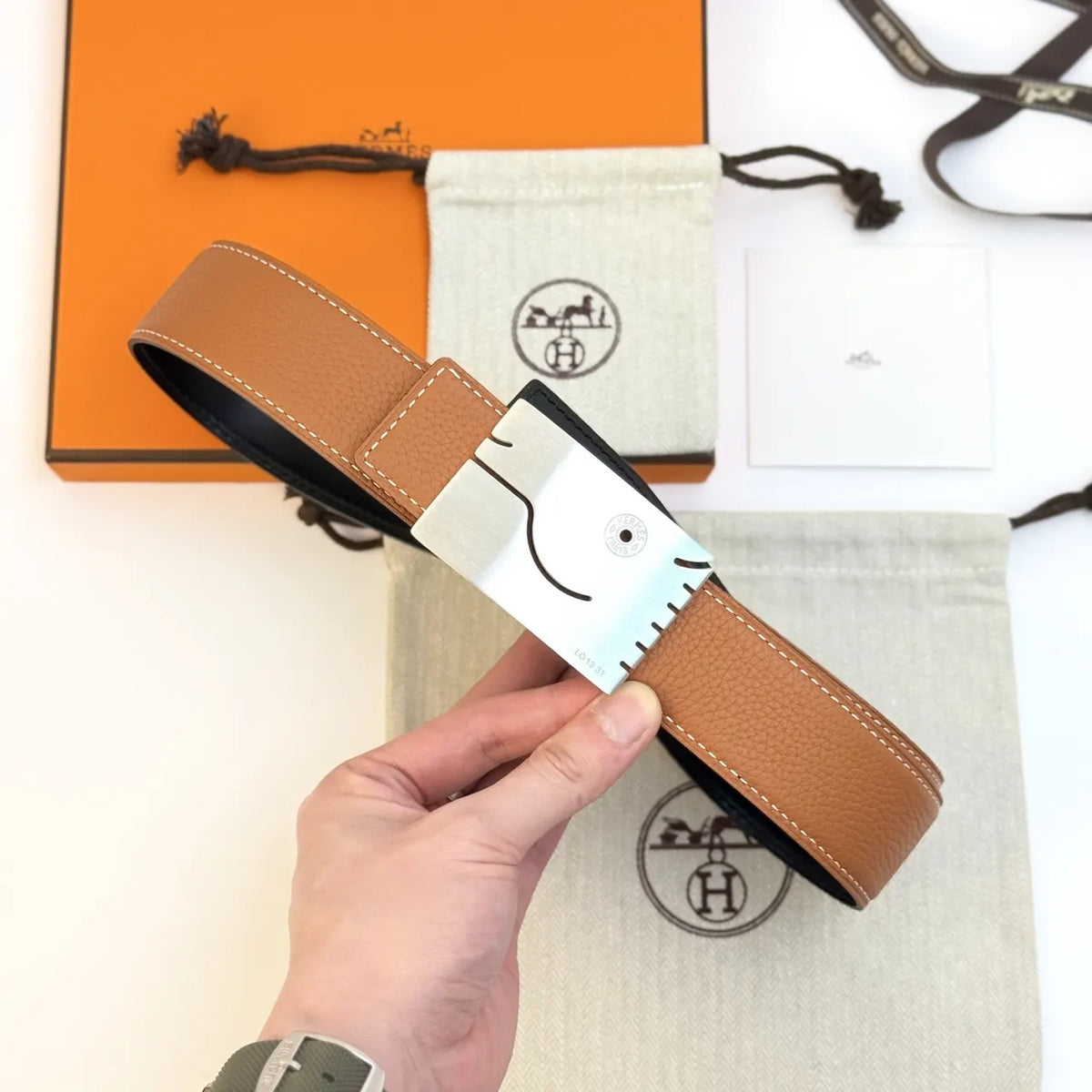 silver buckle Hermes Black Leather Belt - Hình 3