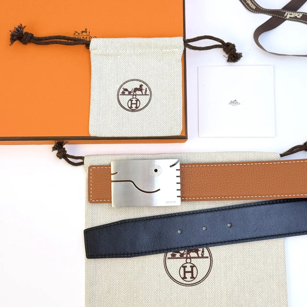 silver buckle Hermes Black Leather Belt - Hình 4