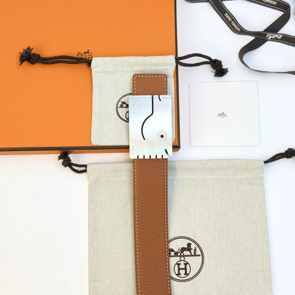 silver buckle Hermes Black Leather Belt - Hình 5