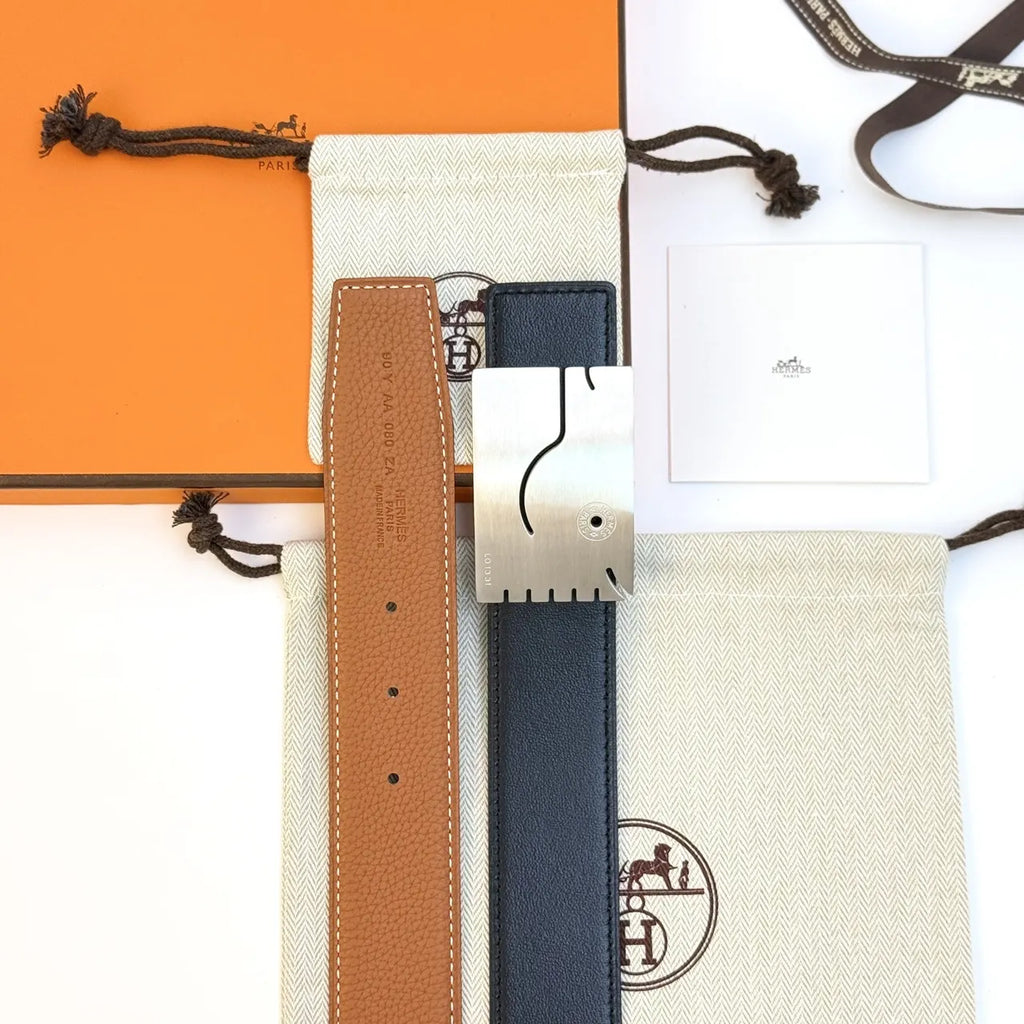 silver buckle Hermes Black Leather Belt - Hình 6