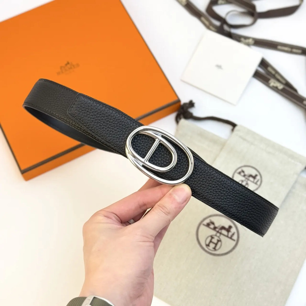Hermes Black Leather Odyssee Belt - Hình 4