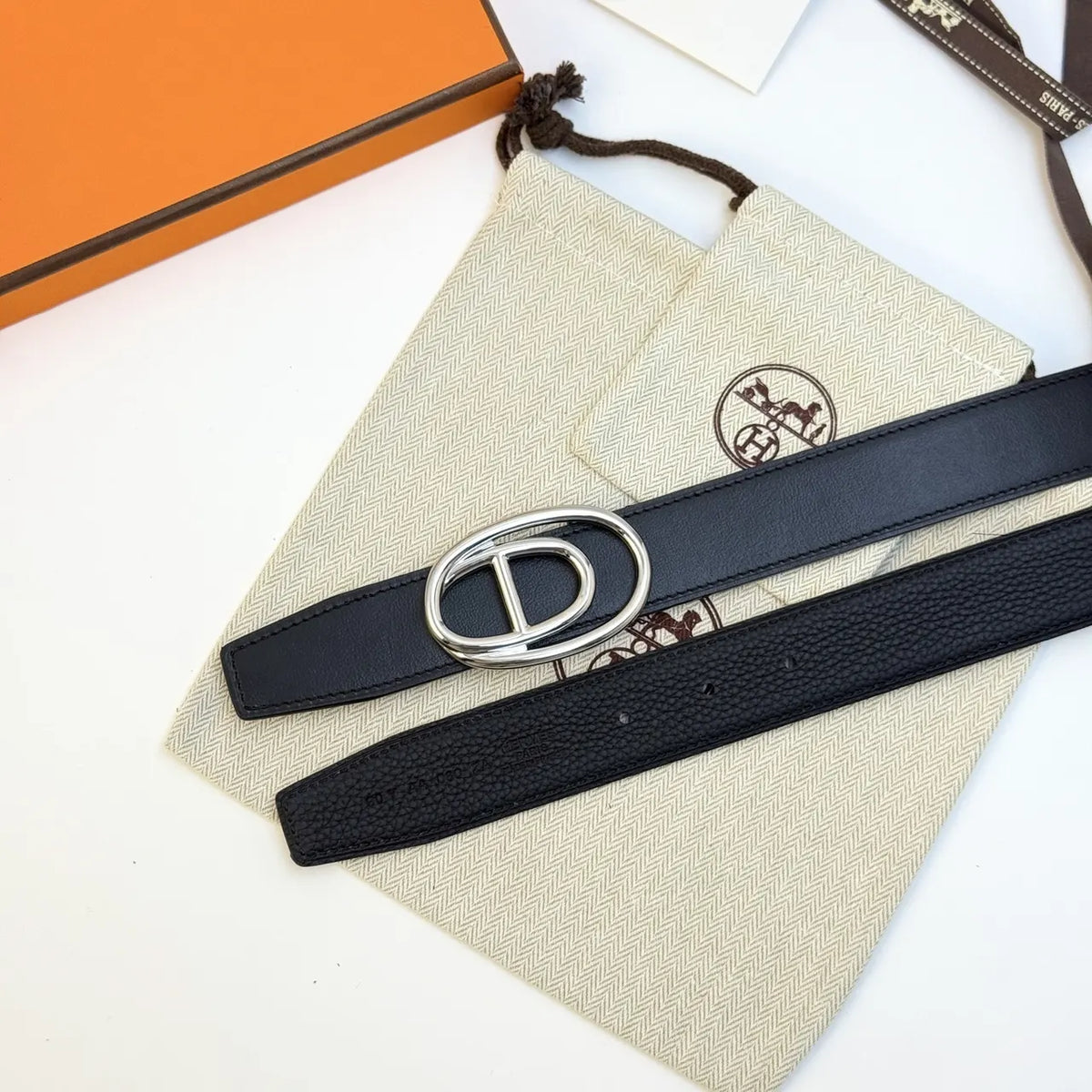 Hermes Black Leather Odyssee Belt - Hình 6