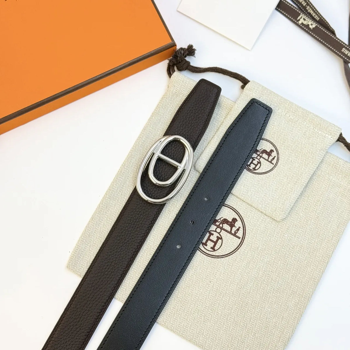Hermes Black Reversible Leather Belt - Hình 5