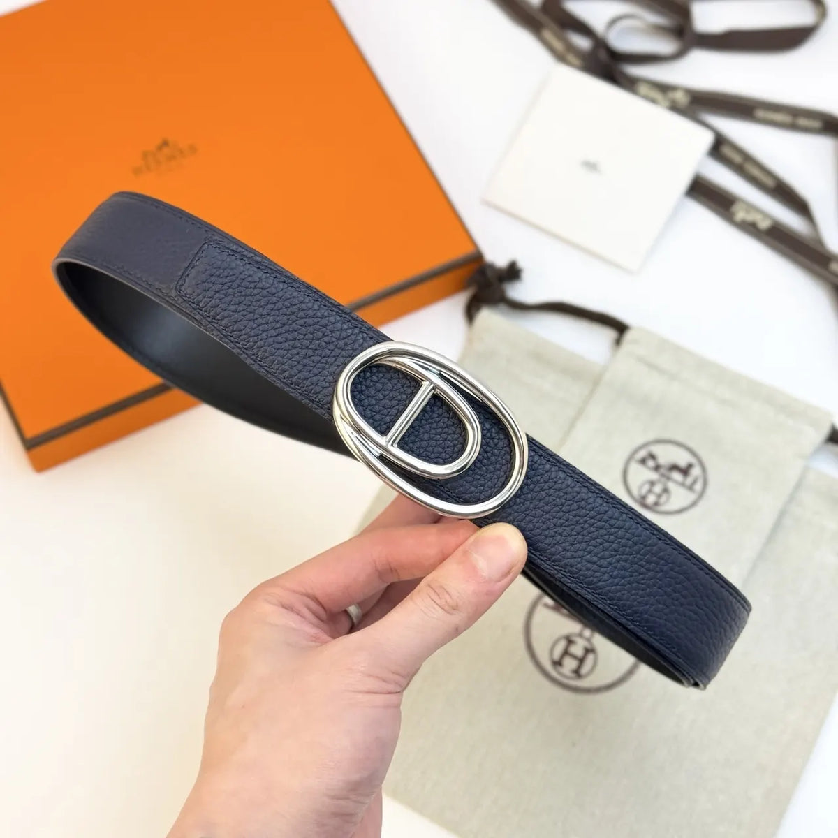 Hermes Black Blue Reversible Belt - Hình 4