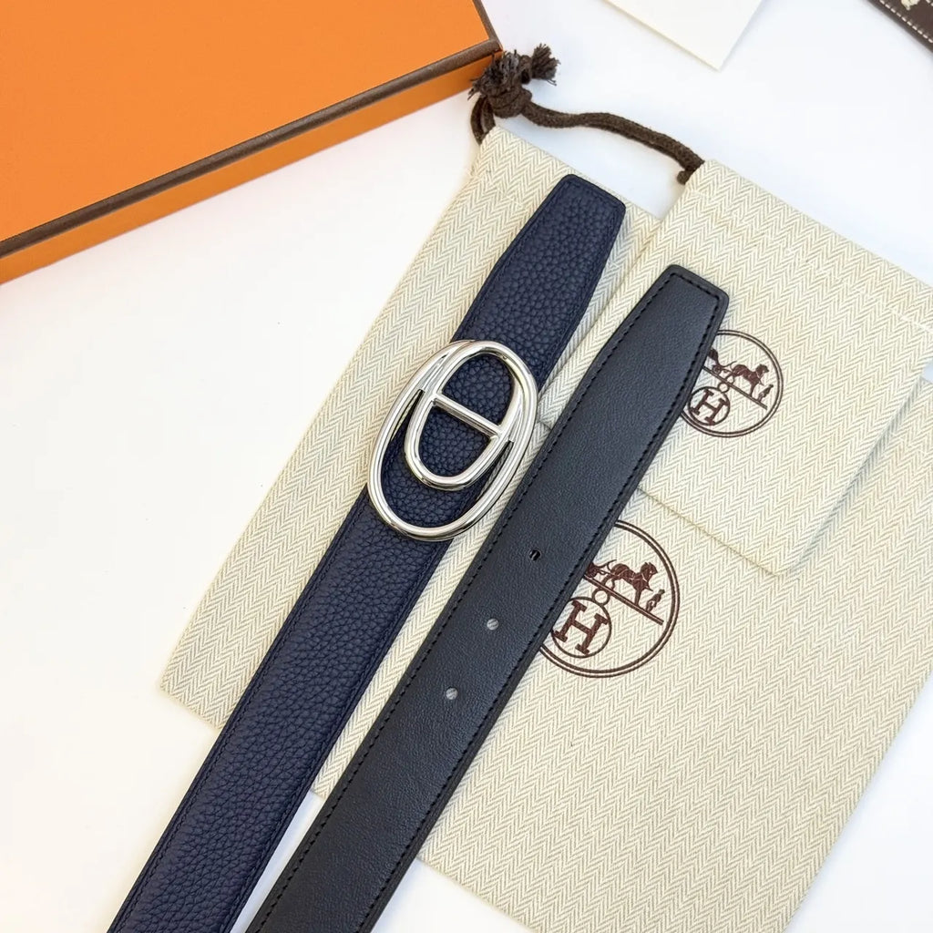 Hermes Black Blue Reversible Belt - Hình 5