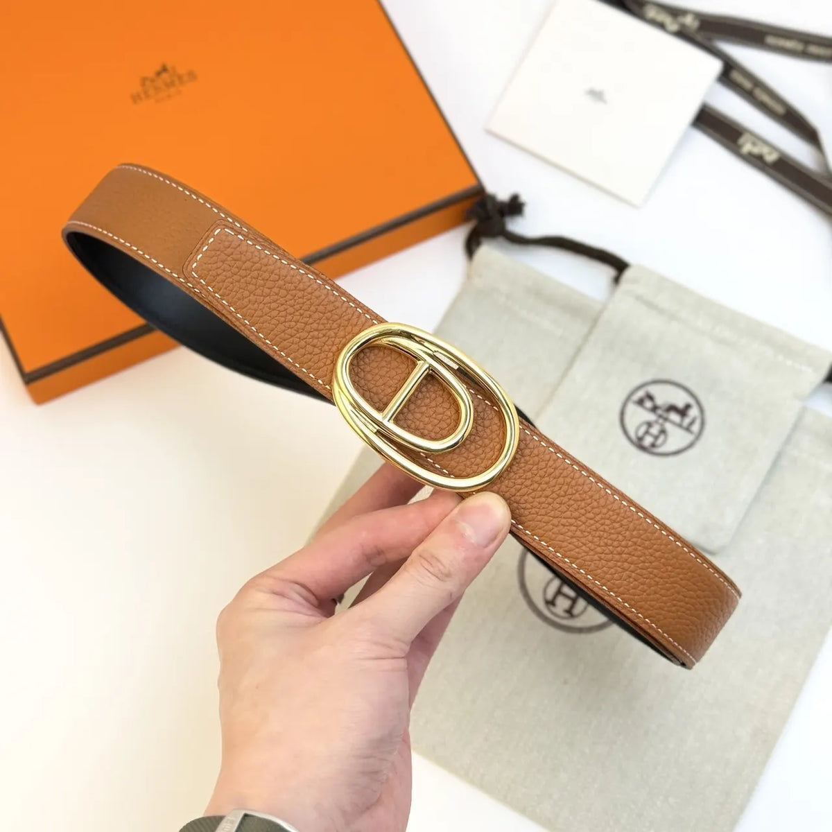 Hermes Black Leather Odyssée Belt - Hình 4