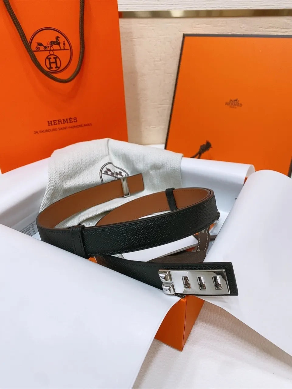Hermes Black Swift Leather Belt - Hình 4
