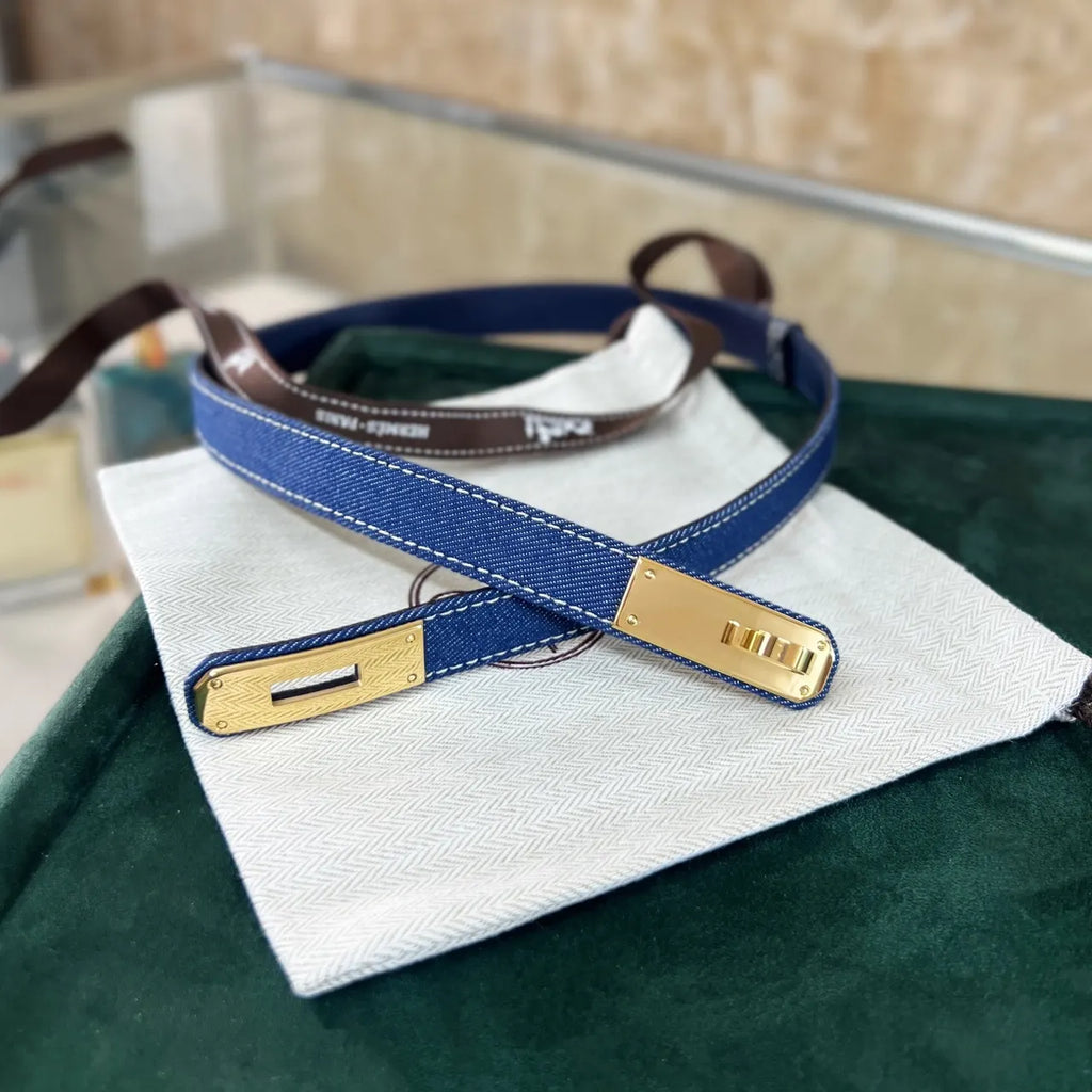 Hermes Blue Denim Kelly Belt - Hình 2