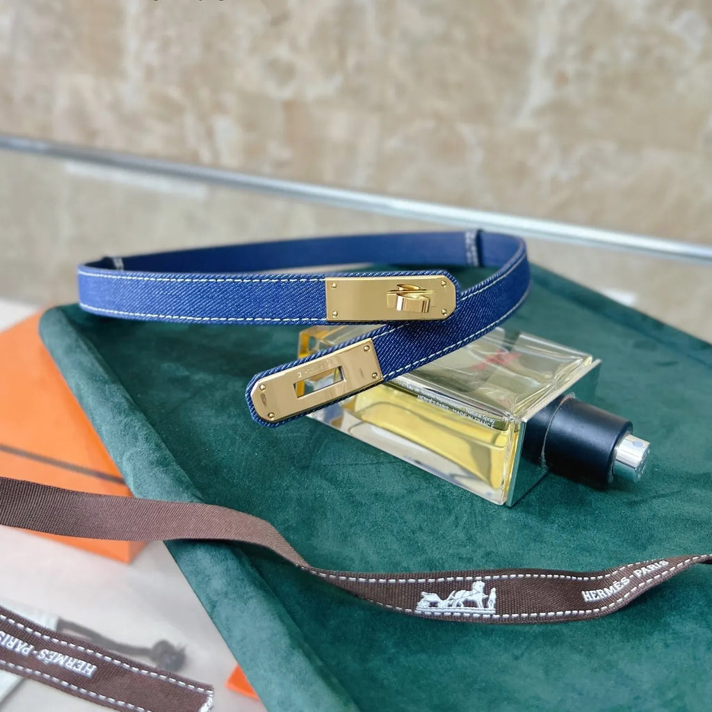 Hermes Blue Denim Kelly Belt - Hình 4