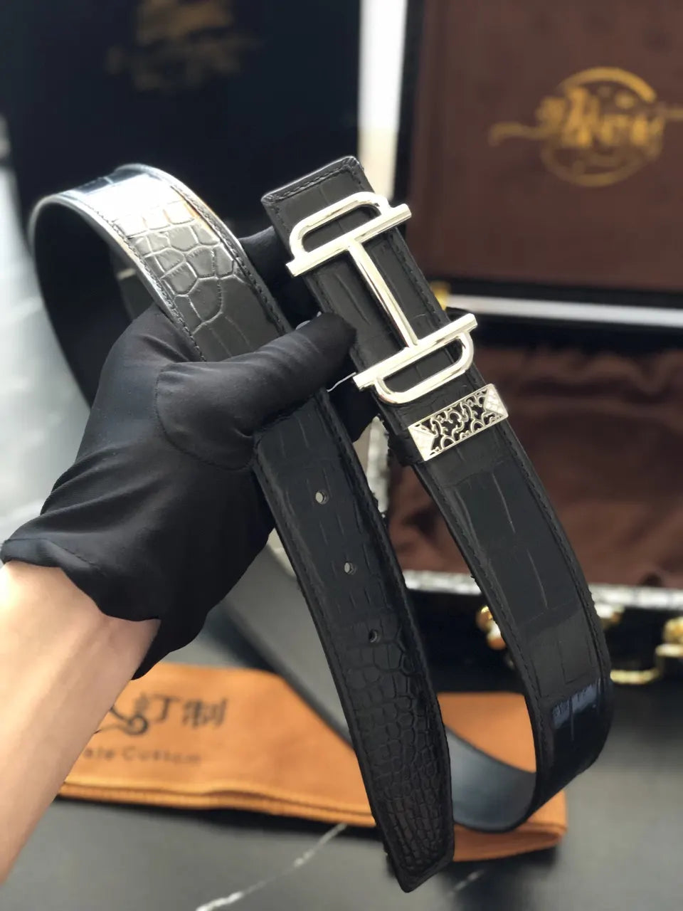Lacoste Black Crocodile Leather Belt