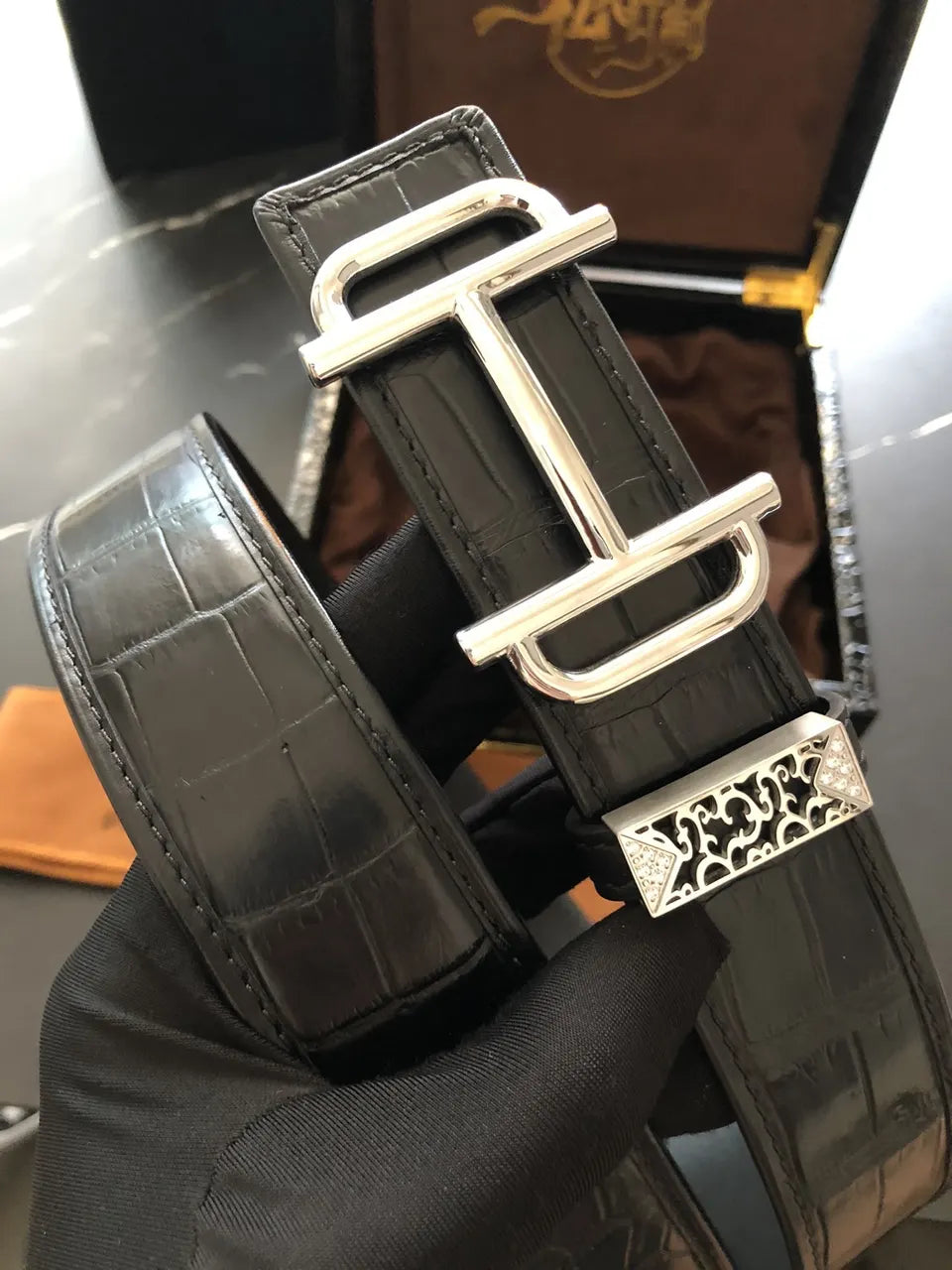Lacoste Black Crocodile Leather Belt - Hình 4