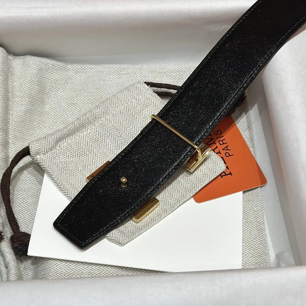 Hermes Gold Buckle Black Leather Belt