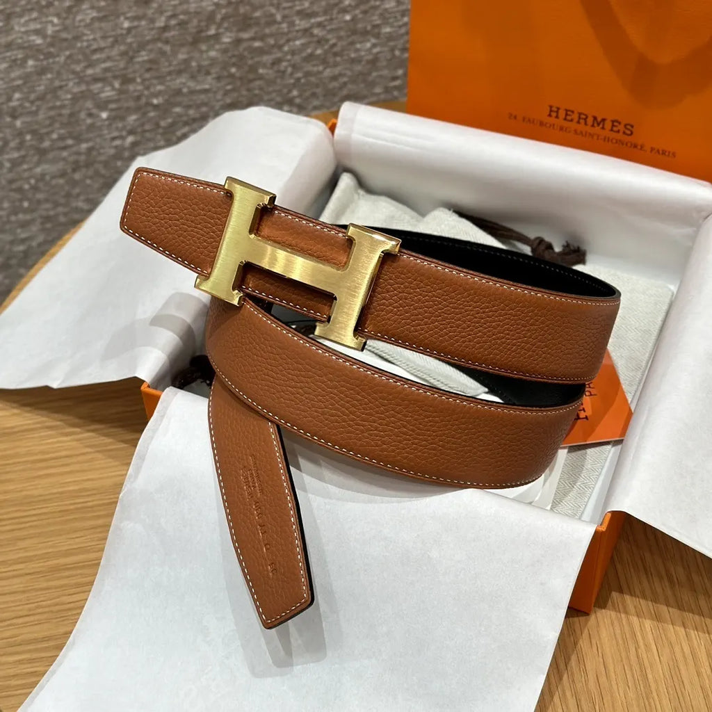 Hermes Gold Buckle Black Leather Belt - Hình 5