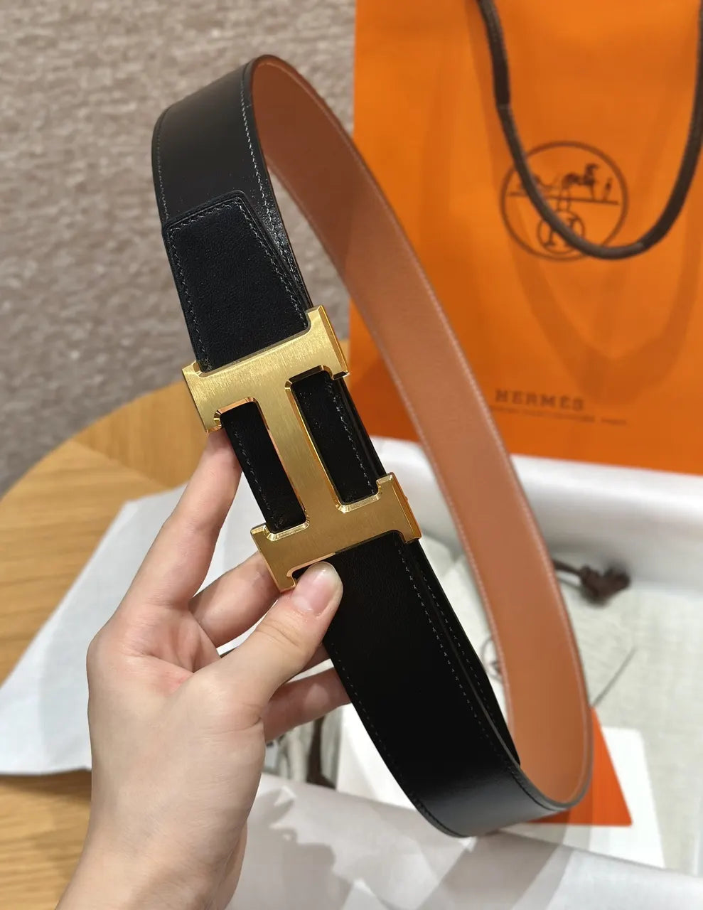 Hermes Black Leather Gold Buckle Belt