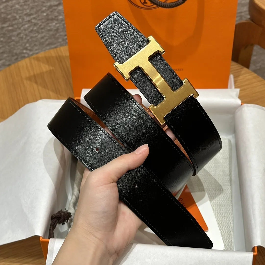 Hermes Black Leather Gold Buckle Belt - Hình 2