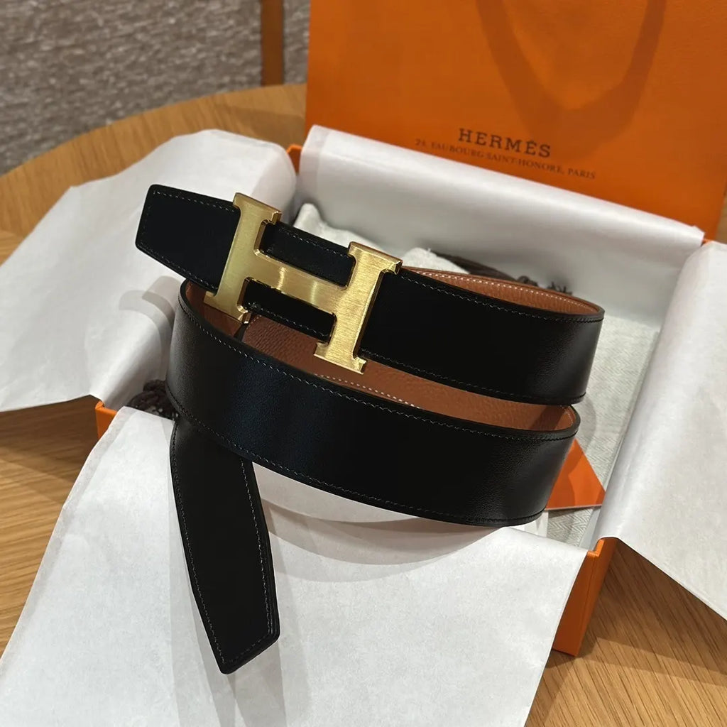 Hermes Black Leather Gold Buckle Belt - Hình 3