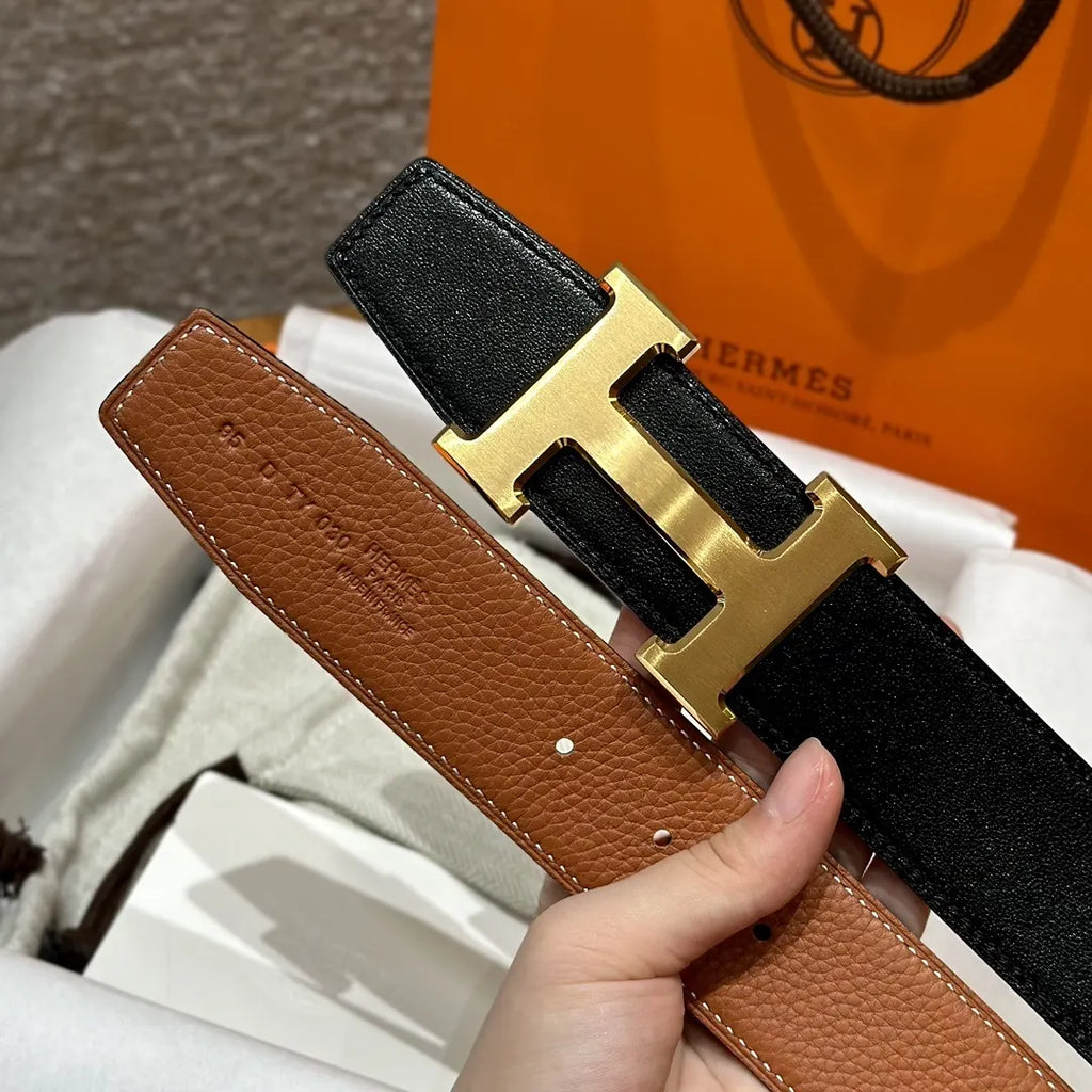 Hermes Black Leather Gold Buckle Belt - Hình 4