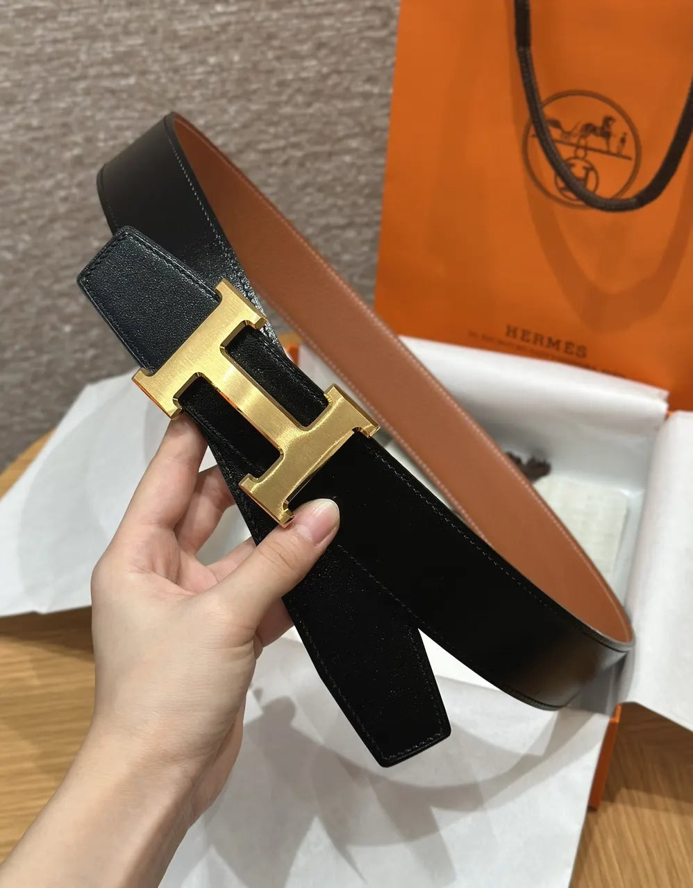 Hermes Black Leather Gold Buckle Belt - Hình 5