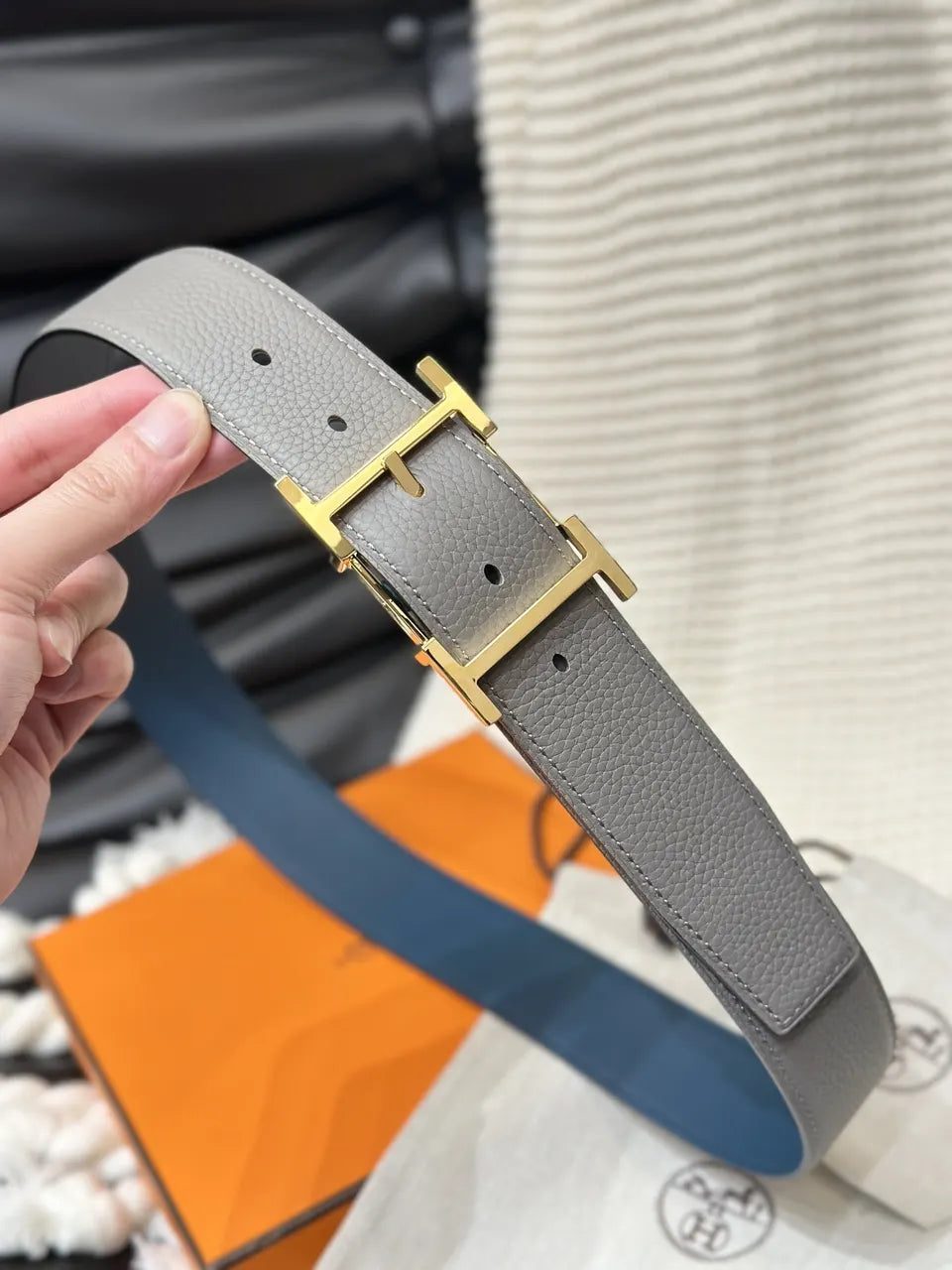 gold Hermes Grey Leather Belt - Hình 2