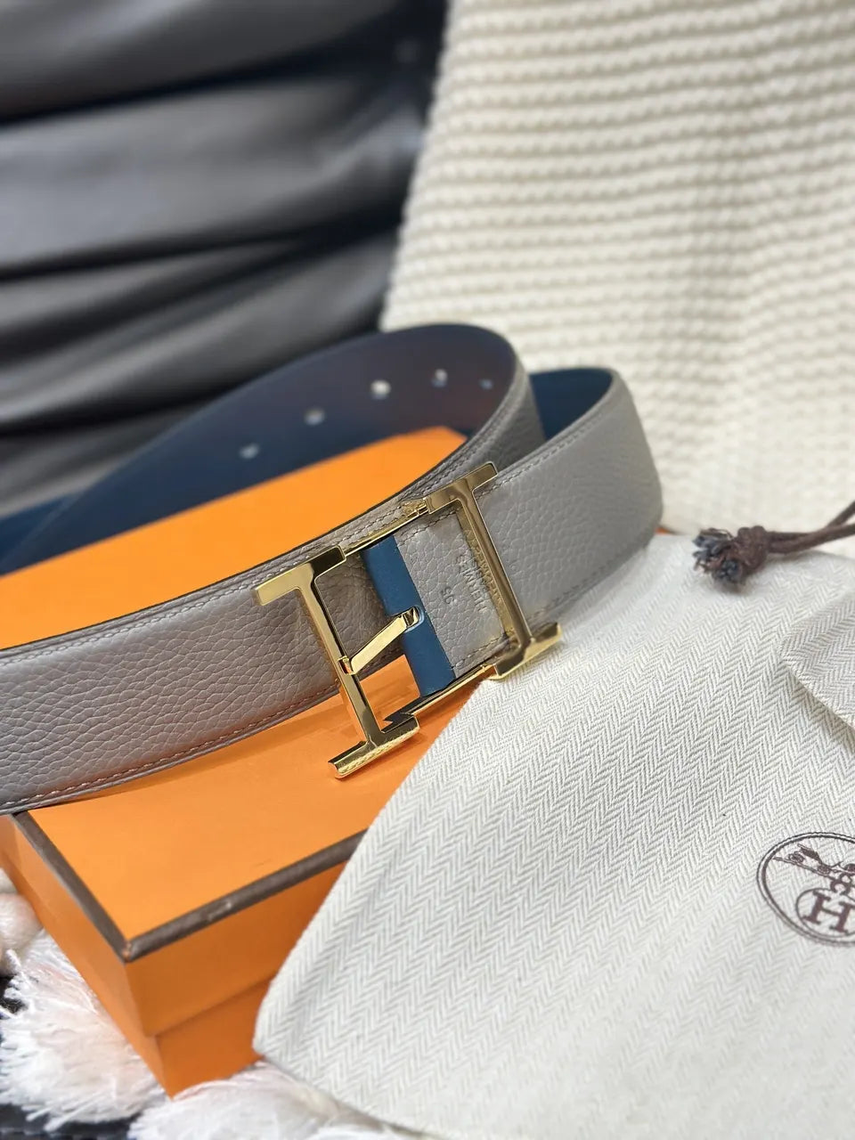 gold Hermes Grey Leather Belt - Hình 3