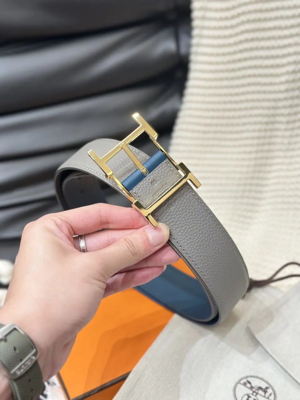 gold Hermes Grey Leather Belt - Hình 4