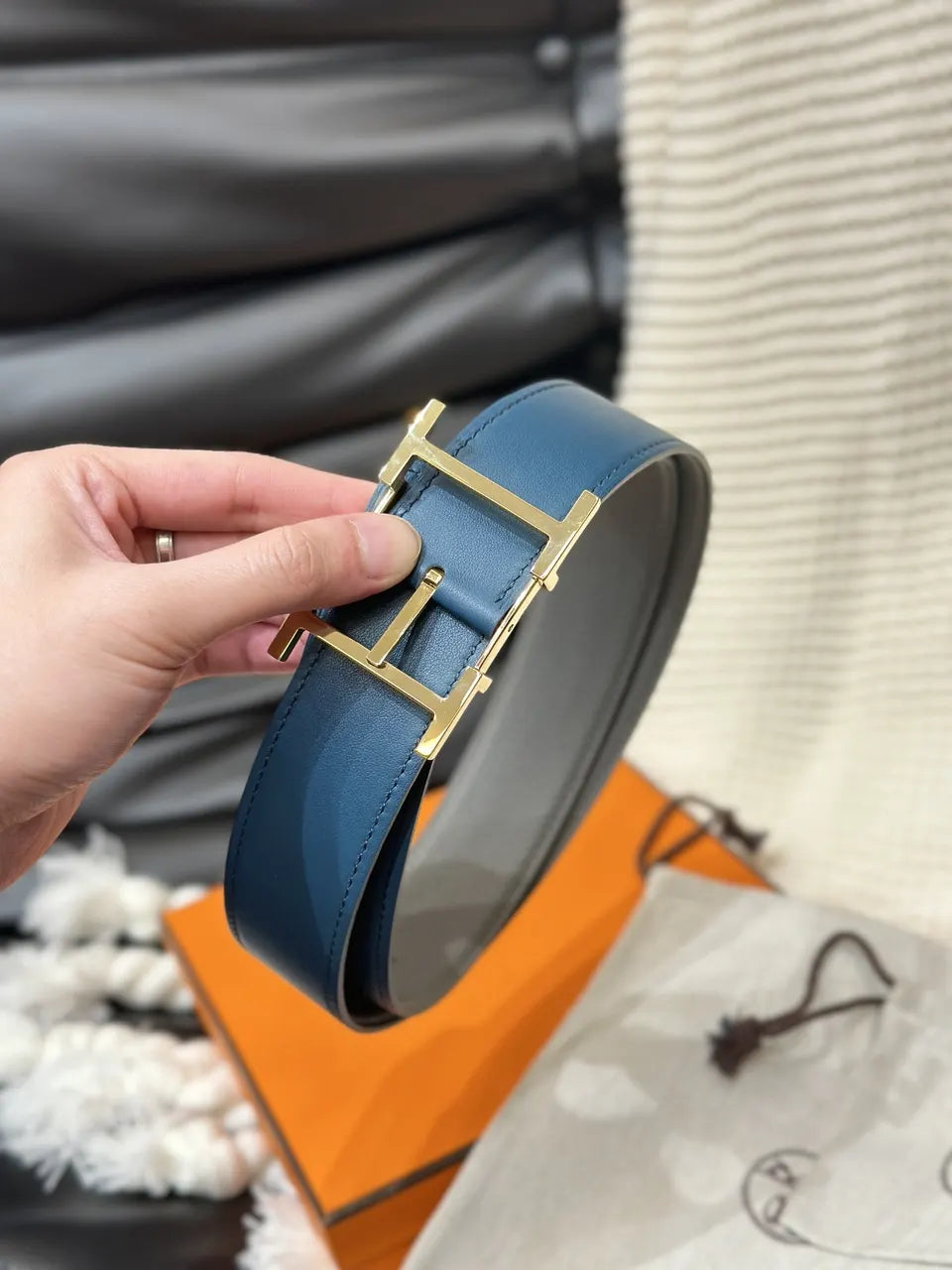 gold Hermes Grey Leather Belt - Hình 5