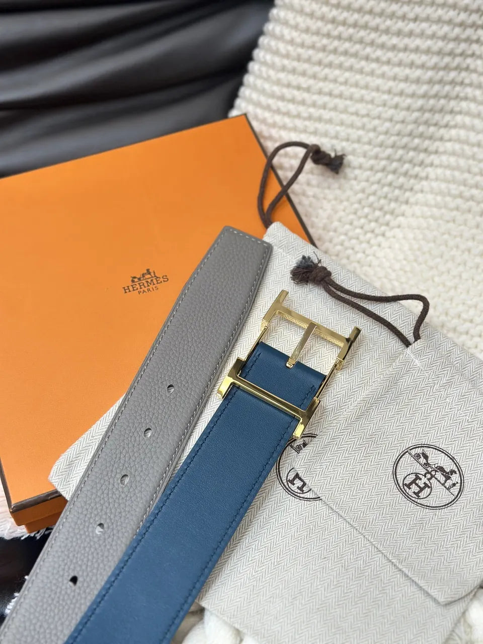 gold Hermes Grey Leather Belt - Hình 6