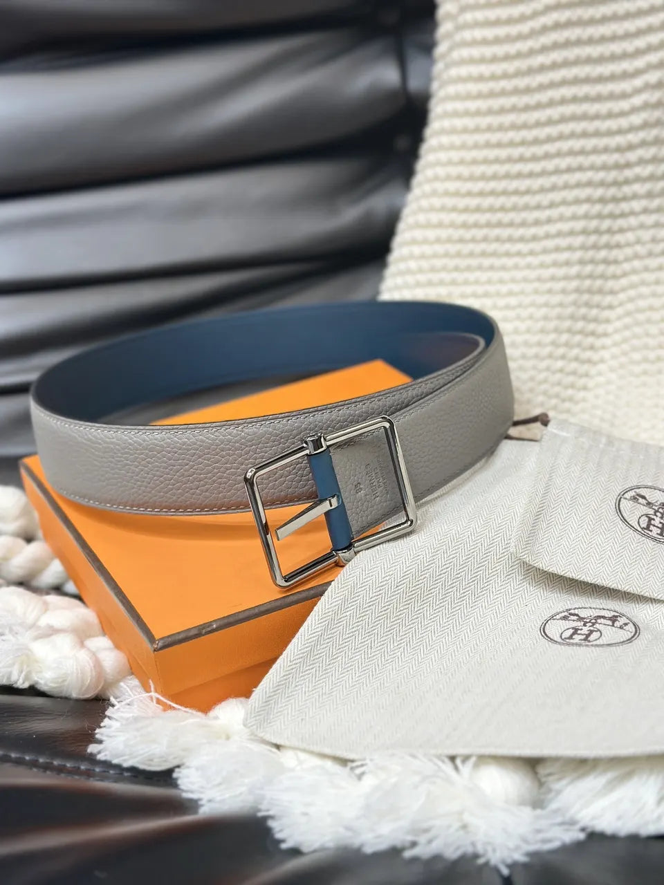 Hermes Grey & Blue Reversible Belt